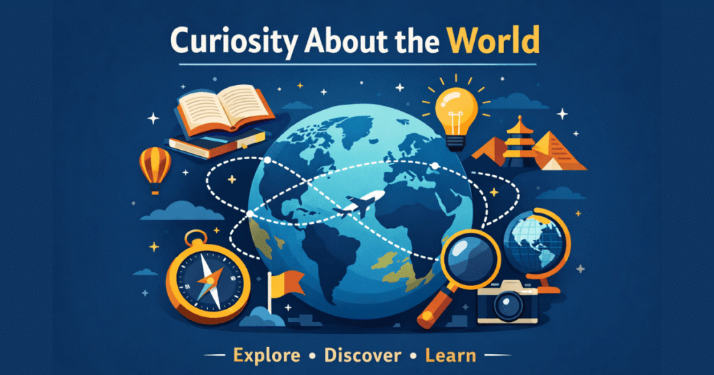 Illustration representing curiosity about the world with global exploration, cultural discovery, and intellectual curiosity expanding perspective