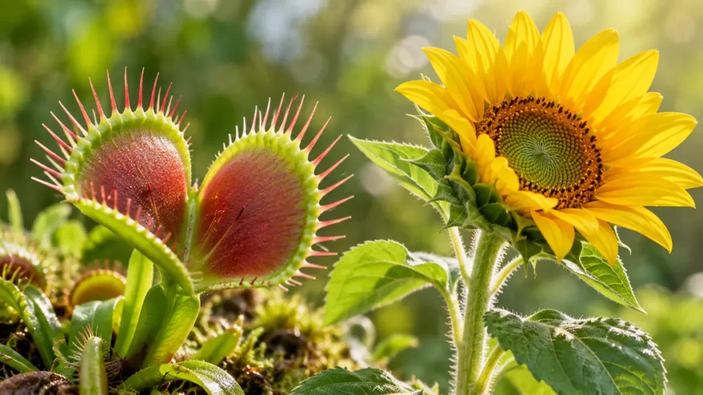 Facts about plants: Venus flytrap and young sunflower
