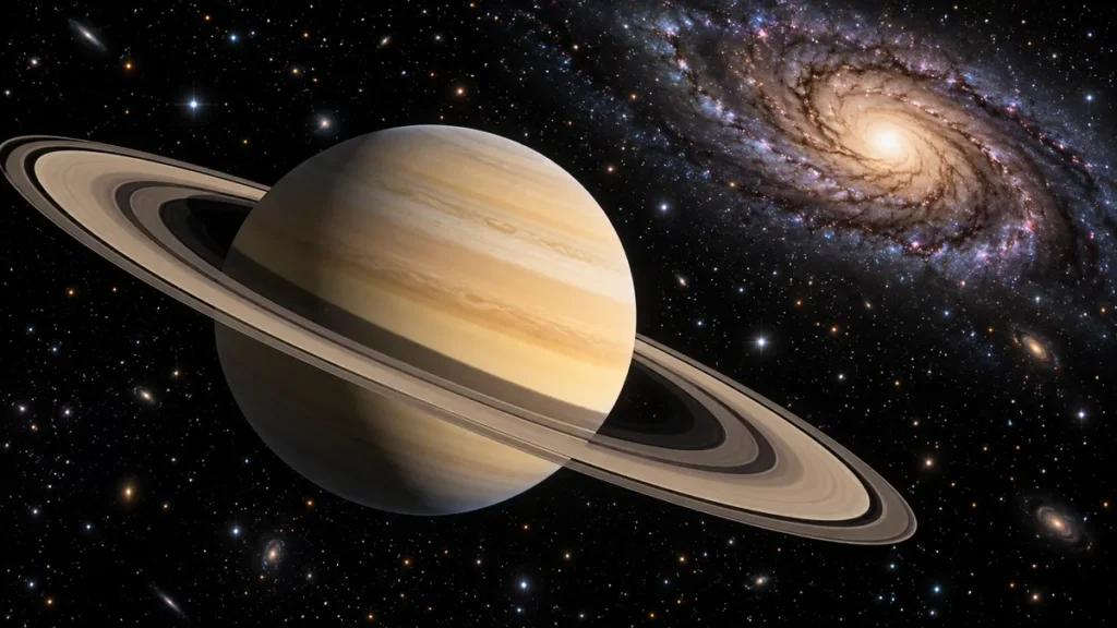 Saturn and a spiral galaxy illustrating facts about space