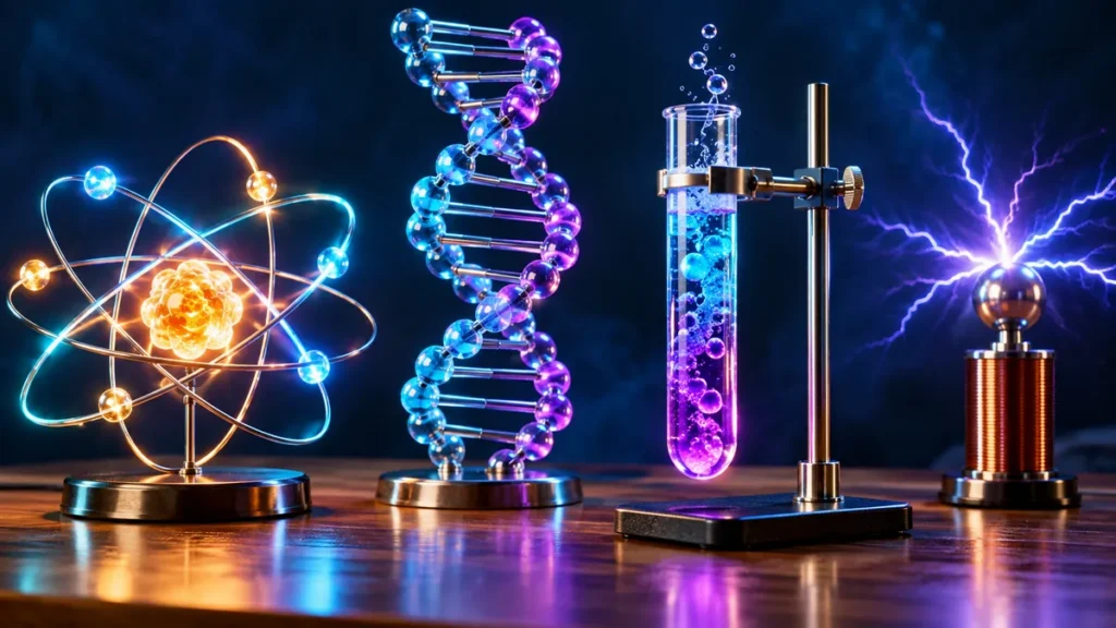 Atom, DNA and chemistry items representing science facts