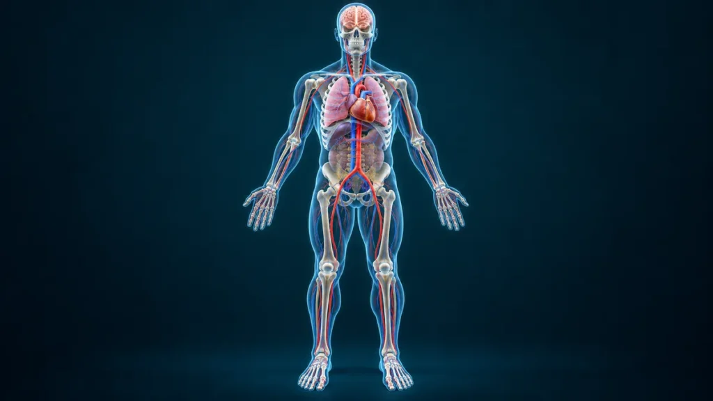 Random facts about the human body: glowing illustration of the skeleton, organs and blood vessels