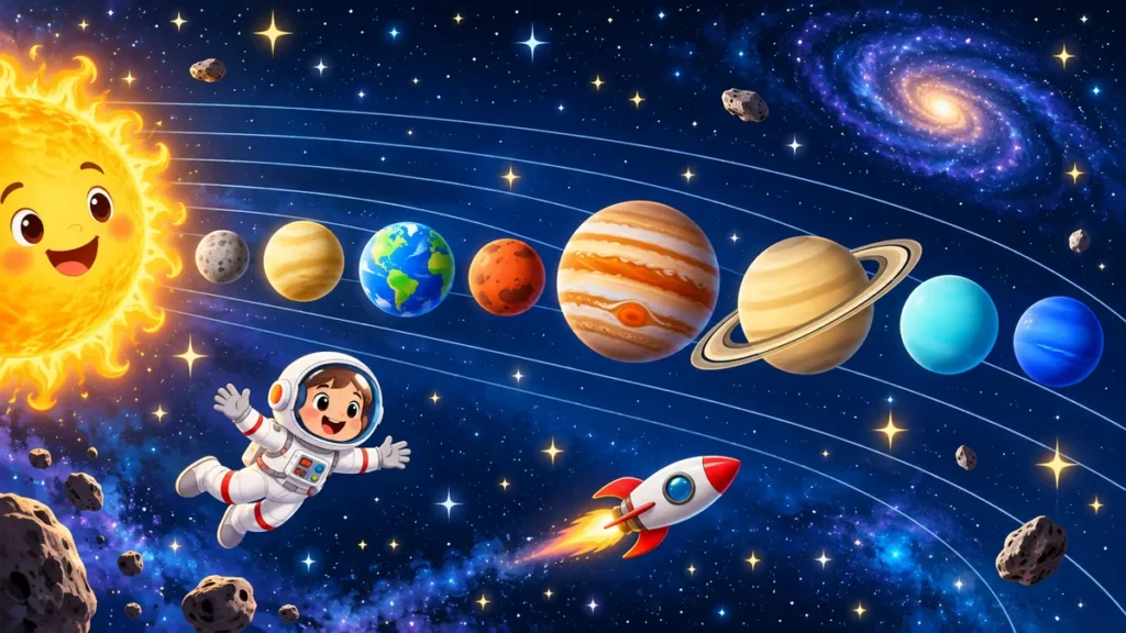 Space facts for kids: cartoon solar system with planets, a rocket and an astronaut