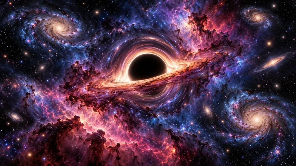 Nebula, galaxies and a black hole representing mysteries of the universe