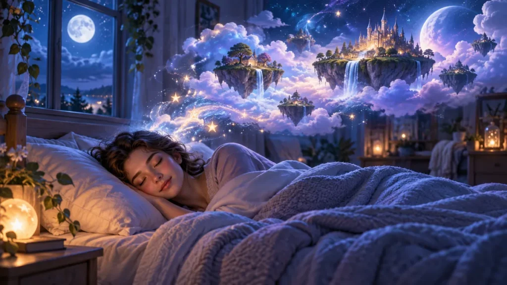 Person sleeping with dream images rising above them