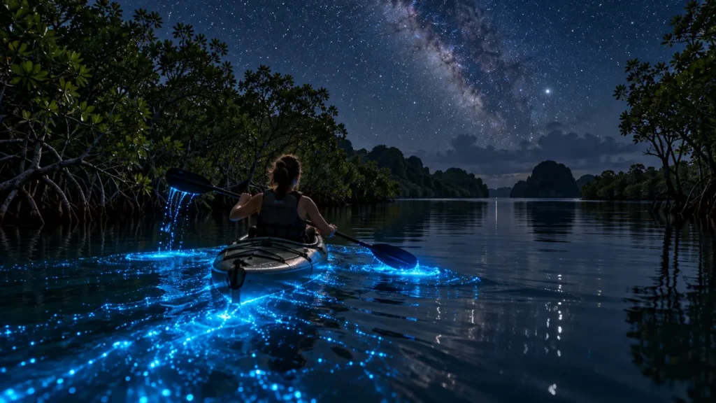 Kayak paddling through a glowing bioluminescent bay at night