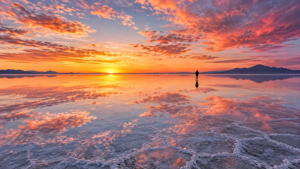 Mirror-like salt flat reflecting the sunset sky