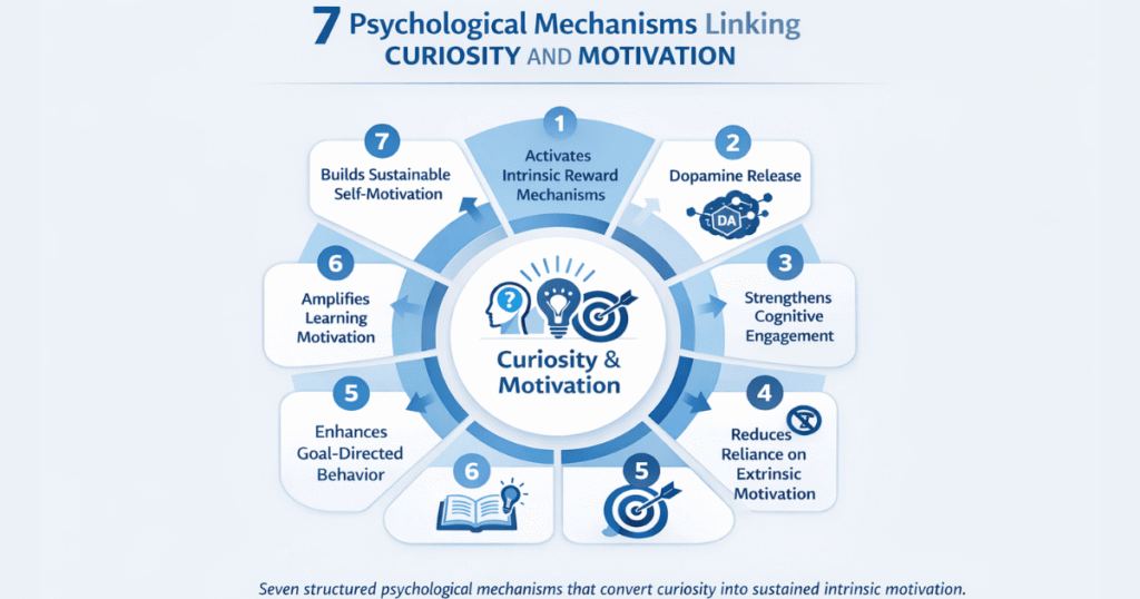 Infographic illustrating seven psychological mechanisms connecting curiosity and motivation