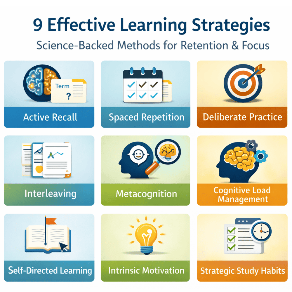 Infographic showing 9 powerful effective learning strategies including active recall and spaced repetition