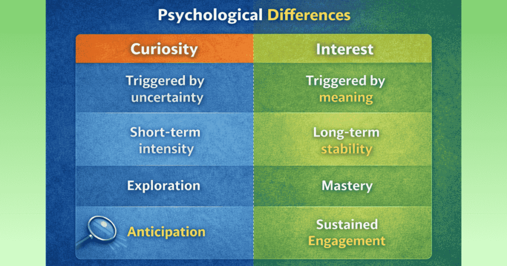 Comparison chart showing psychological differences between curiosity and interest
