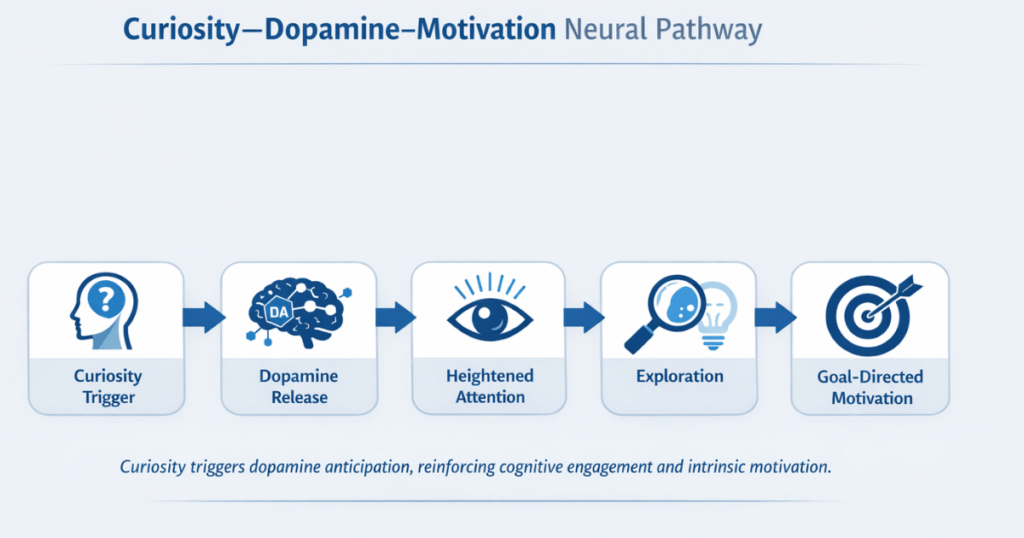 Diagram showing how curiosity activates dopamine reward pathways to strengthen intrinsic motivation and goal-directed behavior