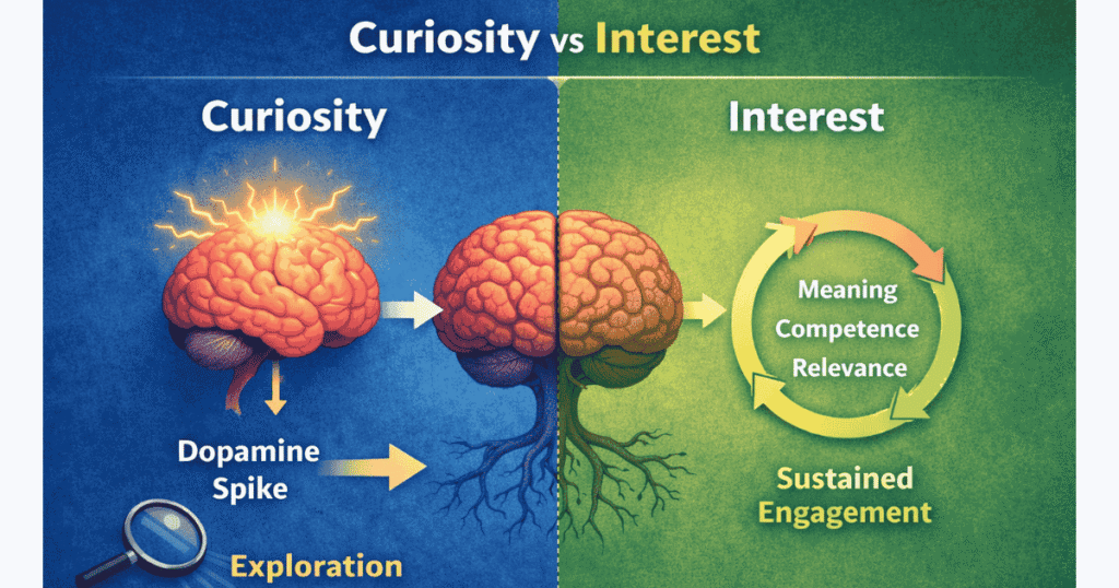 Brain mechanism diagram explaining curiosity dopamine response and long-term interest formation