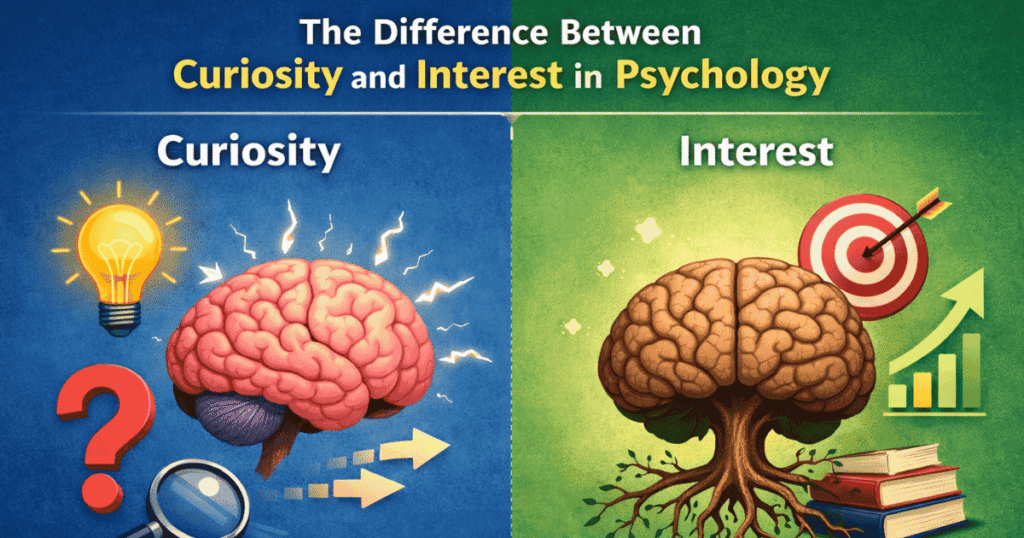 Difference between curiosity and interest in psychology showing exploration vs sustained engagement