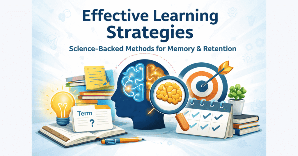 Illustration representing effective learning strategies including memory retention, focus, and cognitive development