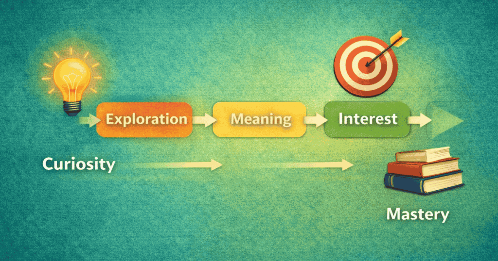 Learning cycle diagram showing how curiosity develops into sustained interest and mastery