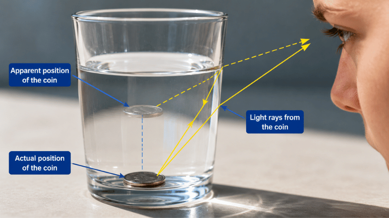 A coin at the bottom of a glass appears shifted because water bends light, the same principle that causes why do stars twinkle through Earth's atmosphere