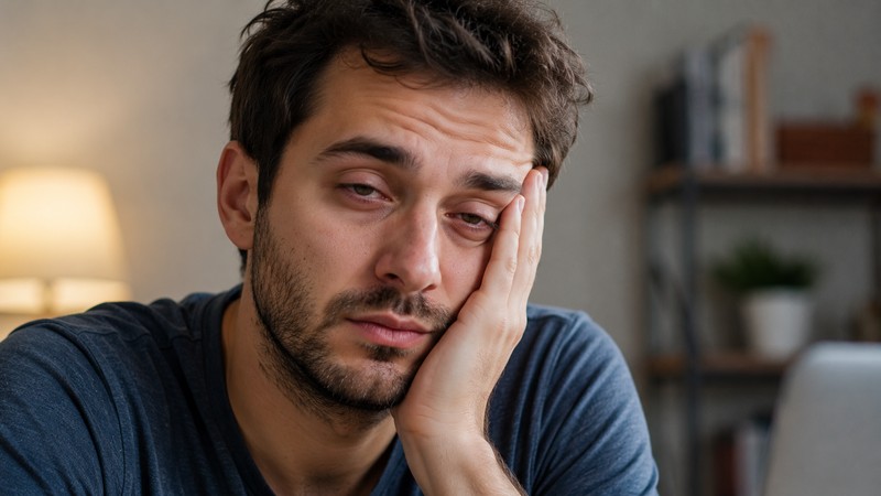 A tired person with heavy eyes illustrating the connection between fatigue and why do we yawn, as a fatigued brain runs warmer and triggers the cooling yawn reflex more frequently
