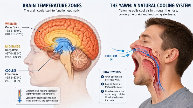 Brain temperature regulation diagram showing why do we yawn as a cooling mechanism, with airflow through nasal cavity cooling blood vessels connected to the brain