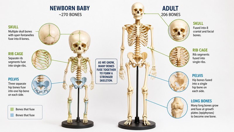 Comparison of newborn and adult skeleton showing how many bones are in the human body changes from 300 at birth to 206 in adulthood through the process of bone fusion and ossification