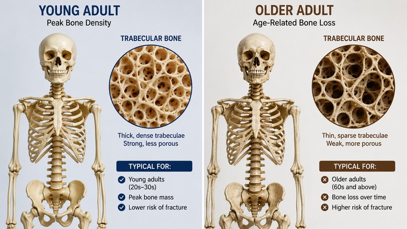 Comparison of young and old bone density illustrating how bone strength changes