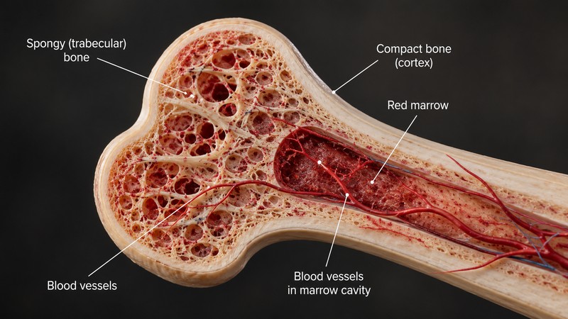 Cross-section of human bone showing internal trabecular structure and red bone marrow inside