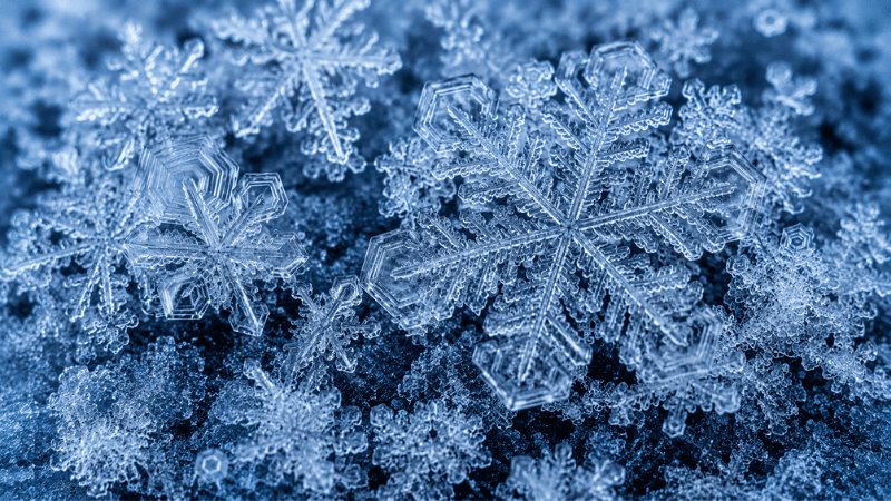 Hexagonal ice crystal patterns on a cold surface showing the same crystalline structure that makes ice less dense than liquid water and explains why does ice float
