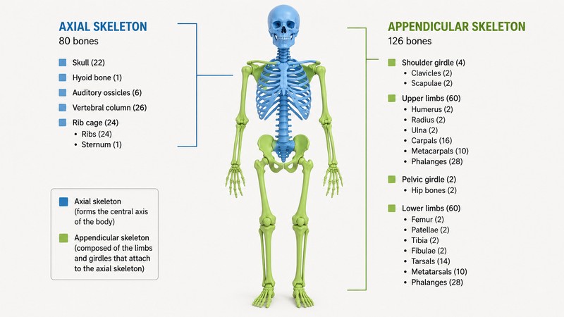 Human skeleton diagram showing the axial skeleton of 80 bones