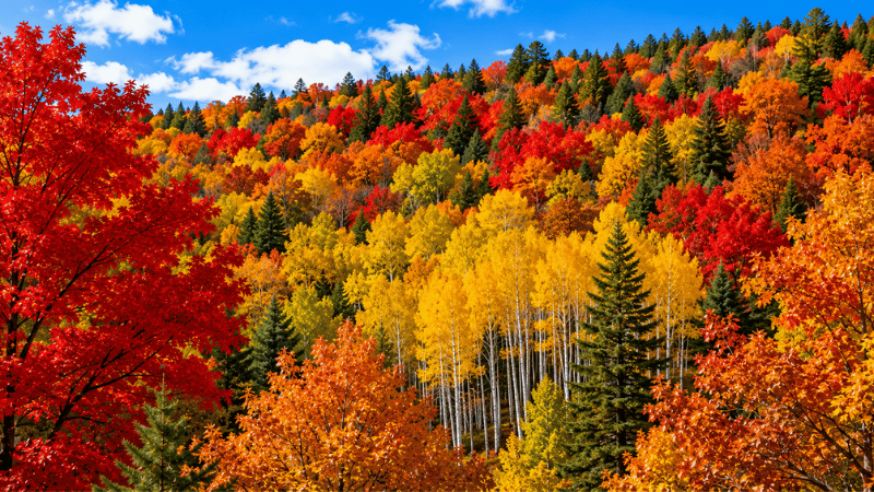 Mixed autumn forest showing why do leaves change color differently across tree species with vivid reds from maples, yellows from aspens and birches, and oranges from oaks and dogwoods