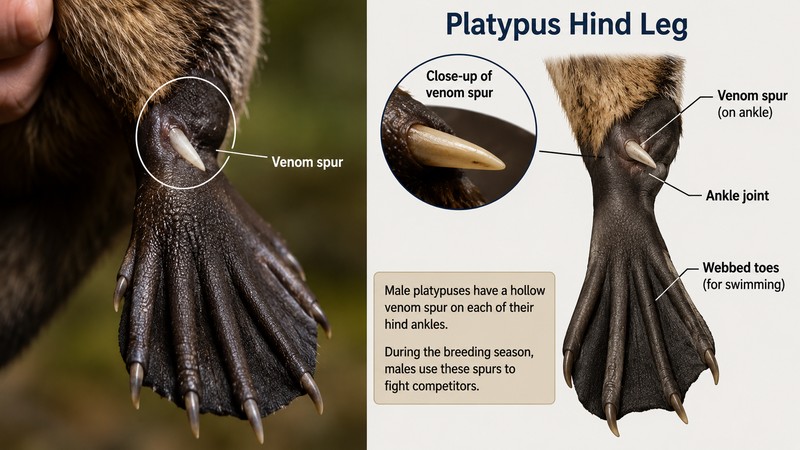 Platypus venom spur on the hind leg of a male, one of the most alarming platypus facts about this venomous mammal
