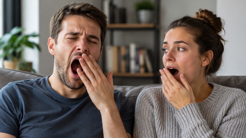 Two people where one is yawning and triggering a contagious yawn response in the other, illustrating the social empathy mechanism behind why do we yawn contagiously