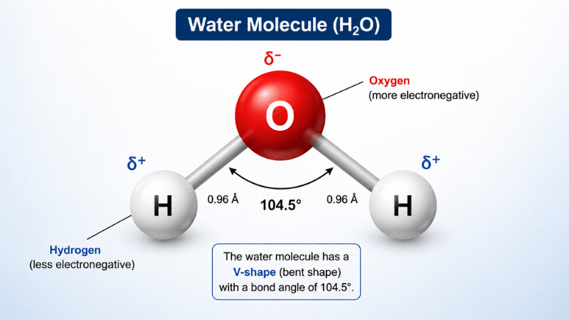 Water molecule H2O V-shape structure showing the hydrogen bonds that cause ice to float when water freezes. 