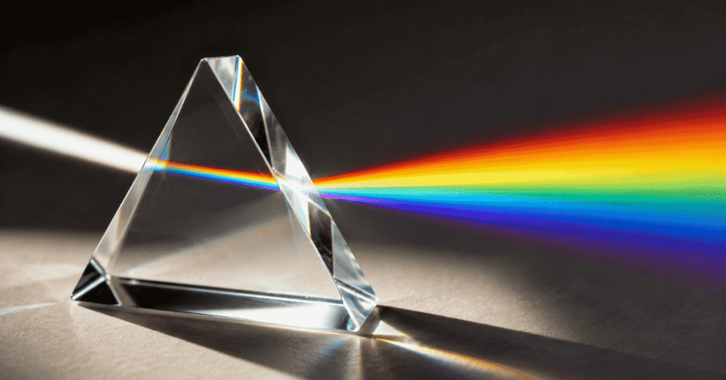 White sunlight splitting into the visible color spectrum through a glass prism