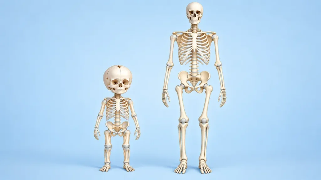 How many bones are babies born with: newborn and adult skeletons compared