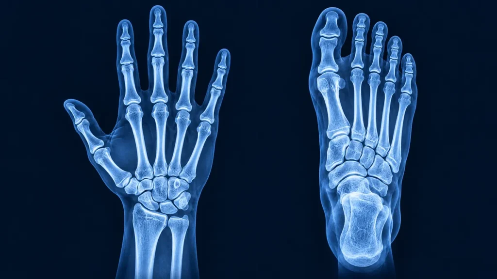 What part of the body has the most bones: X-ray of hand and foot bones